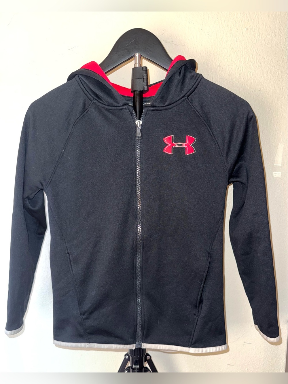 Under Armour Black Full Zip Hoodie Jacket with Red Logo, sz YM